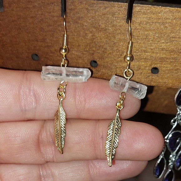 Clear Quartz Crystal Feather Earrings - Picture 2 of 5